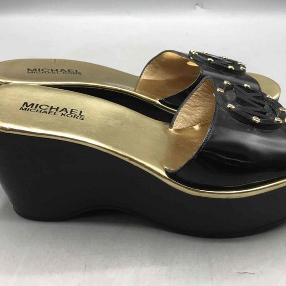 Michael Kors Shoes - Michael Kors Black/Gold‎ Wedge Sandals Women's Size 7